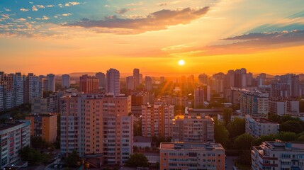 Fototapeta premium Sun setting behind a cityscape, casting a warm glow and long shadows over the buildings