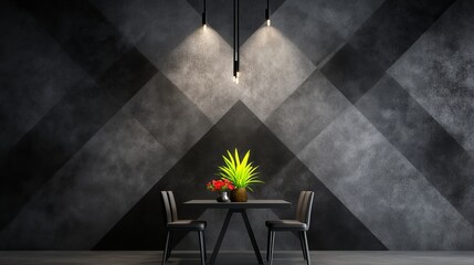 A modern dining room with a dark grey concrete wall and geometric design.