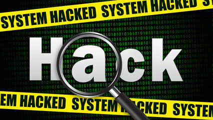 Hack text on green cover with magnifying glass. System hacked yellow tape on background, Scamming and fraud concept	