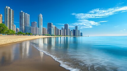 Obraz premium City skyline along a beach with calm waves and clear skies.
