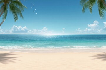 A serene tropical beach setting with crystal clear water and palm trees under a bright sky