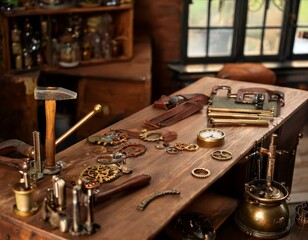 Antique items on tabletop.