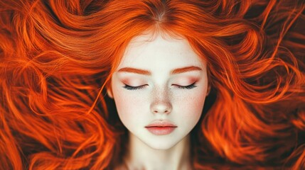 Obraz premium A young woman with long red hair lying down with eyes closed, surrounded by glowing red strands, symbolizing beauty and serenity.