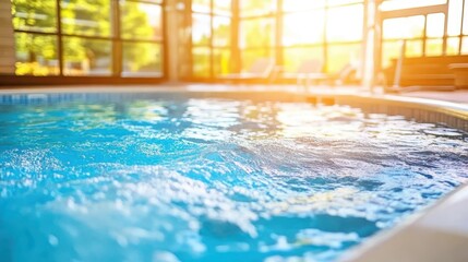 Luxurious indoor swimming pool area with comfortable lounge chairs, large windows, and warm lighting, offering relaxation and elegance.