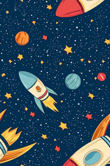 Vertical Cartoon space seamless pattern on blue background. Space background.