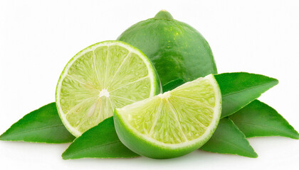 Front view of green lemon fruit with slice or quarter and green leaf is isolated on white background with clipping path. ai generated