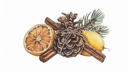 A pine cone, citrus slices, and cinnamon sticks tied together 