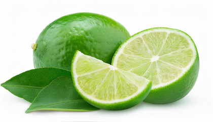 Front view of green lemon fruit with slice or quarter and green leaf is isolated on white background with clipping path. ai generated