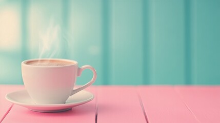 A steaming cup of coffee sits on a pastel colored table with a serene backdrop