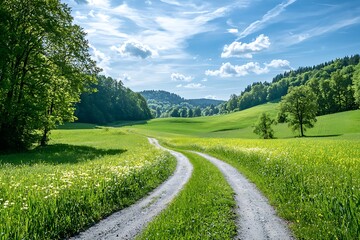 Country road framed by vibrant green meadows under a sunny summer sky.