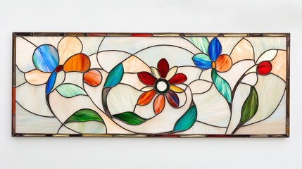 Stained glass artwork with an arrangement of abstract flowers on a light-colored background, displayed horizontally.