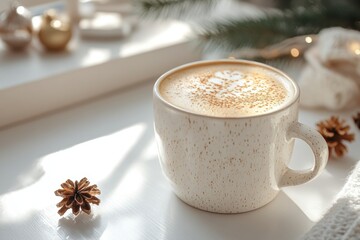 holiday cappuccino, a dainty cappuccino in a ceramic mug on a white table in a scandinavian kitchen, with subtle holiday decorations