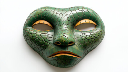 Detailed Green Snake-Themed Wooden Mask with Realistic Scales and Carved Textures on White Background, Highlighting Reptilian Design and Intricate Craftsmanship for Wildlife-Themed Decor