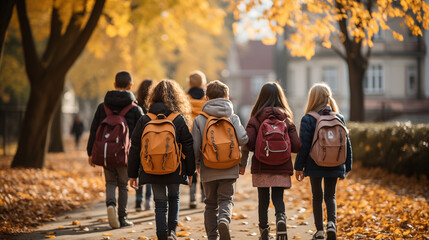 Happy friends students are going to school, concept of education