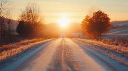 Fototapeta premium Serene morning landscape with a foggy road and bare trees at sunrise in a tranquil setting