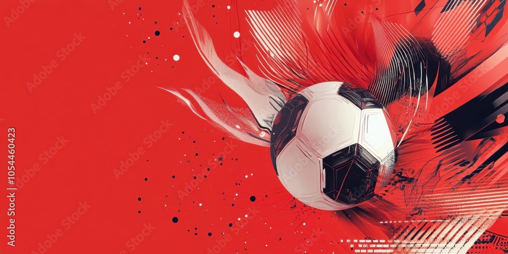 Poster red background, soccer ball pattern in the center of the composition, soccer stadium elements on the