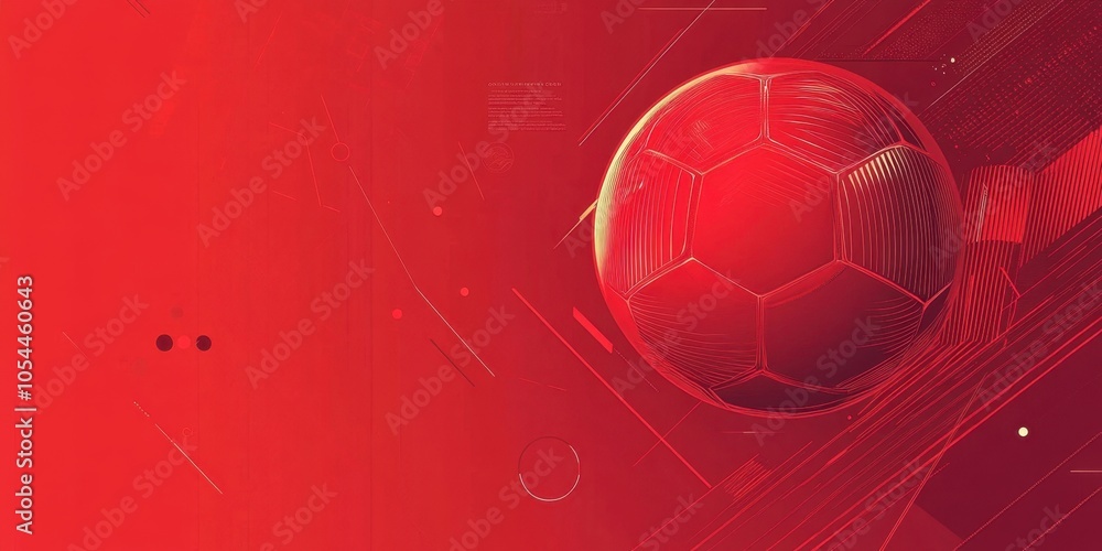 Poster red background, soccer ball pattern, gradient abstract futuristic geometric shapes and lines on the 