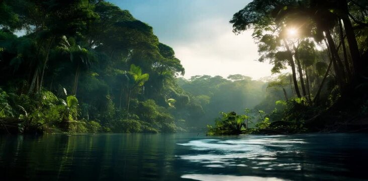 The Brazil and Colombian Amazon river - High res film with HDR and texture, beautiful focus on the water and the lush plant life around the river

