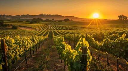Fototapeta premium Sun setting over a vineyard with rows of grapevines, showcasing agricultural beauty and evening light