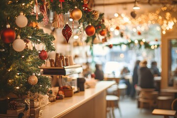 Obraz premium Cozy cafe interior adorned with festive Christmas decor