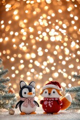 Festive penguin and fox in Christmas sweaters under sparkling holiday lights, cozy winter scene

