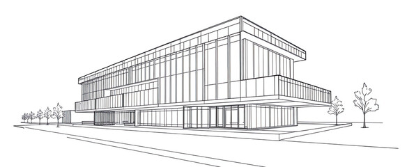 Architectural sketch of a modern multi-story building with large windows and minimalistic design set against a clear sky