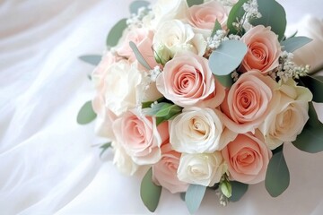 Elegant bride holding a beautiful bouquet of pastel roses and greenery indoors during the wedding