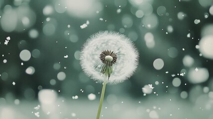 A dandelion releasing seeds against a dark background, creating a sense of motion and depth