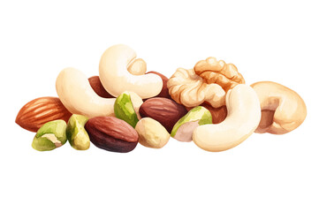 Watercolor Mix of Almonds Cashews Walnuts Pistachios Healthy Snack Food