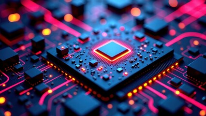Close up of glowing microchip with red circuitry on black motherboard	