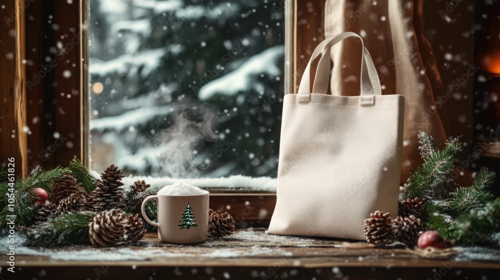 Poster a tote bag rests beside a steaming mug on a wooden table, surrounded by pinecones and greenery. outs