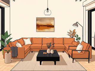 Cozy orange sectional sofa in a modern living room with stylish decor and warm tones during daylight