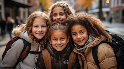 Happy friends students are going to school, concept of education