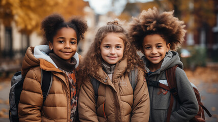 Happy friends students are going to school, concept of education