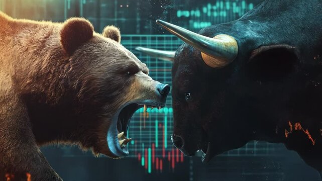 Dynamic financial concept showing a bull and bear fighting on top of stock charts.