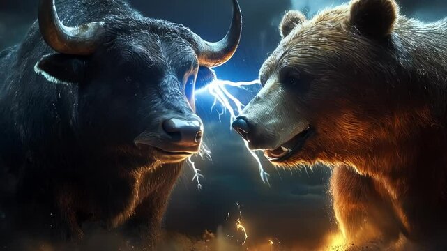 Dynamic financial concept showing a bull and bear fighting on top of stock charts.