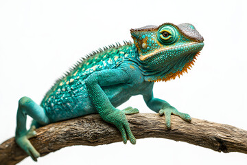 Fototapeta premium chameleon on a branch over white background