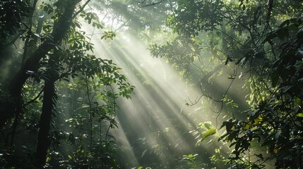 Obraz premium Sunlight filtering through the branches of a dense forest, creating dappled light and shadow patterns