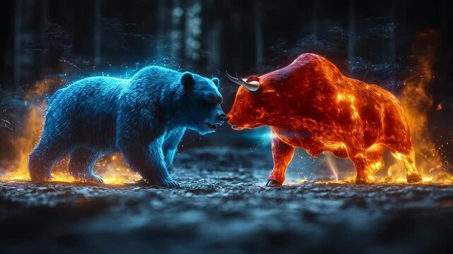 Dynamic financial concept showing a bull and bear fighting on top of stock charts.