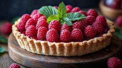 Fresh raspberry pie cooling on a wooden table surrounded by fresh berries and mint leaves