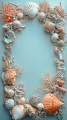 Obraz premium Decorative frame made of various seashells and coral against a light background
