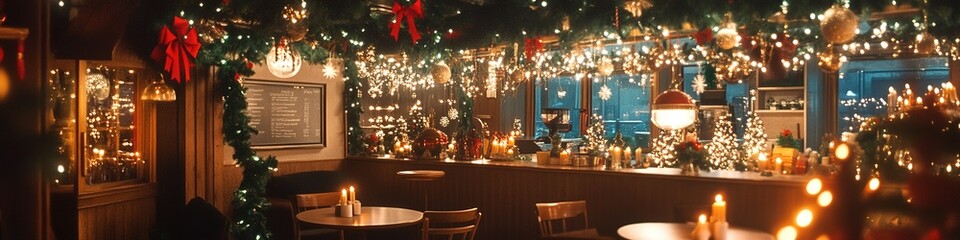 Cozy cafe interior with festive Christmas lights and decorations