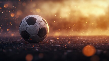 Fototapeta premium A classic soccer ball on a textured field with dramatic lighting during golden hour