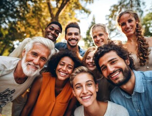 A diverse group of faces of from different cultures, kids, parents and grandparents, the elderly, aunts, uncles, friends and neighbours, kids, siblings, full of joyful celebration, selfie style family
