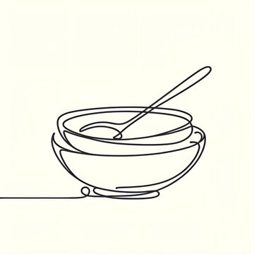 recommend clip art: Continuous line drawing of bowl with food and spoon