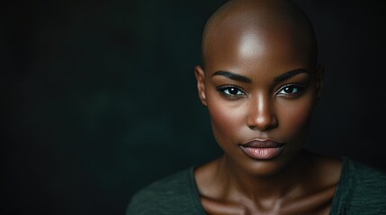 Portrait of a dark-skinned woman suffering from cancer after severe hair loss due to chemotherapy treatment