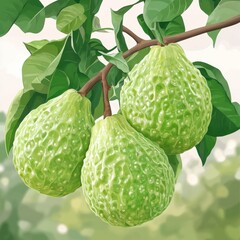 Fototapeta premium Fresh Guava Fruits on Branch with Green Leaves