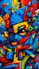 Fototapeta premium An abstract graffiti wall with colorful shapes and patterns. The background is blue, yellow and greens.