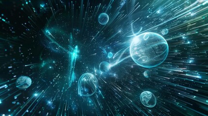 Obraz premium Vibrant space scene with shapes dancing against blue backdrop. Stars, planets, and nebulae swirl in cosmic ballet of colors. Invites viewers to explore universe