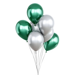 a bunch of silver and green balloons on ribbons. festive balls on a transparent background. design element. festive atmosphere